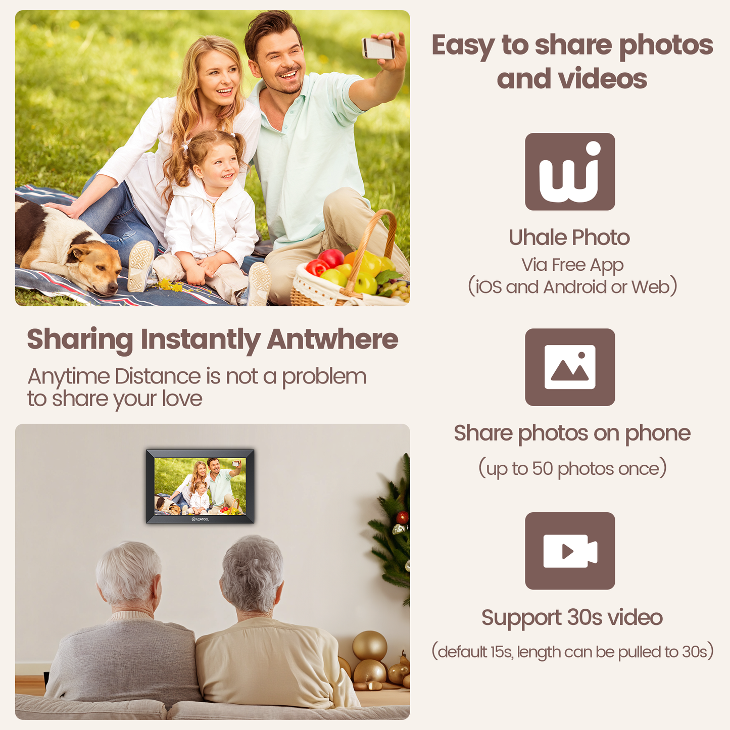 VEAT00L WiFi Digital Picture Frame 10.1 Inch, 1080P IPS Touch Screen Digital Photo Frame with 32GB Memory, Auto-Rotate, Wall Mountable, Instantly Send Photos or Videos from Anywhere via Uhale App