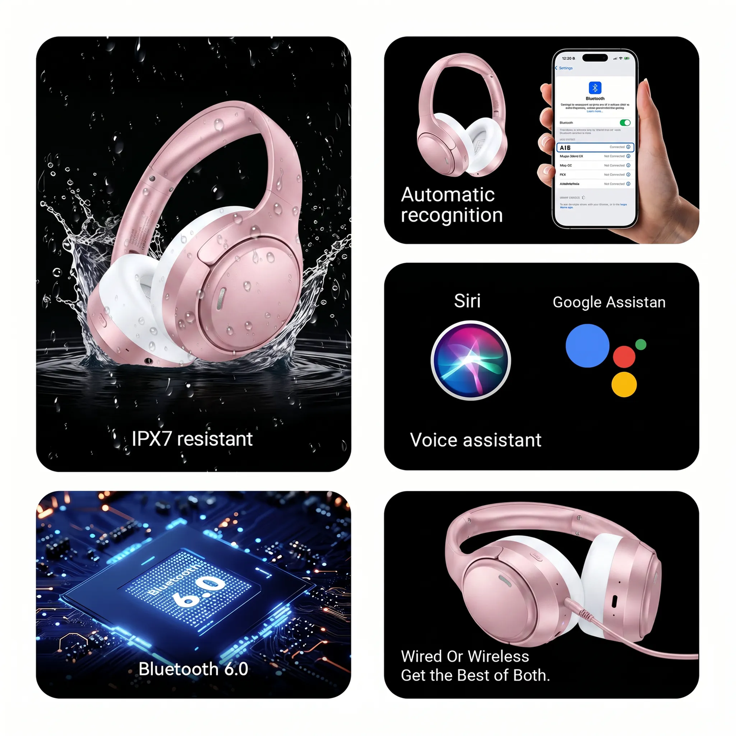 Hybrid Active Noise Cancelling Headphones,-50dB Wireless Bluetooth Headphones with Hi-Res Audio,120H Playtime Over Ear Bluetooth Headphones with 6 ENC Clear Mic,ANC Headphone for Travel Home Office