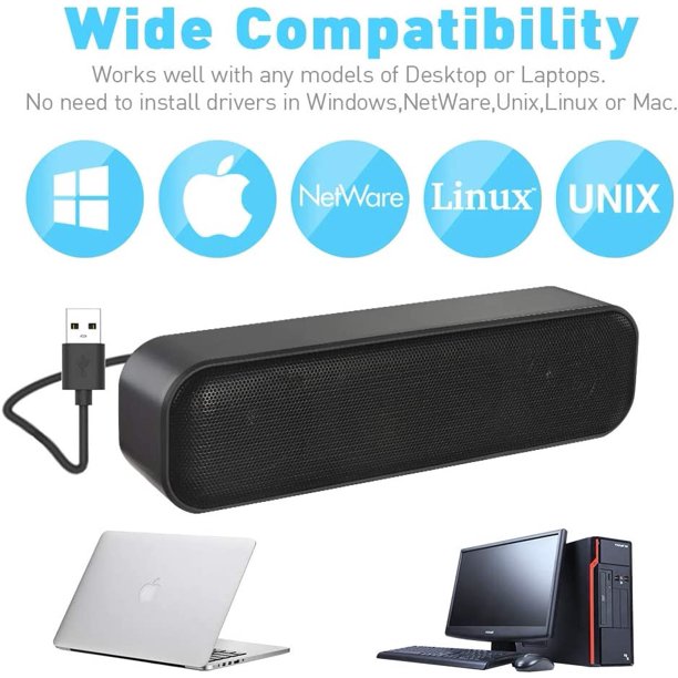 Updated Computer Speaker,USB Powered Speaker for Desktop,Windows PC,Mac. Portable Mini Sound bar-Plug and Play with Volume Control and Mute Button(USB-C to USB Adapter Included)