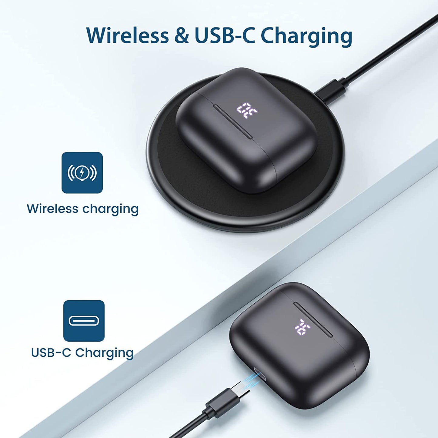 Bluetooth Headphones, True Wireless Earbuds with Wireless Charging Case, Waterproof Touch Control Stereo in-Ear Headset for iPhone 13 Pro Max XS XR Samsung Android
