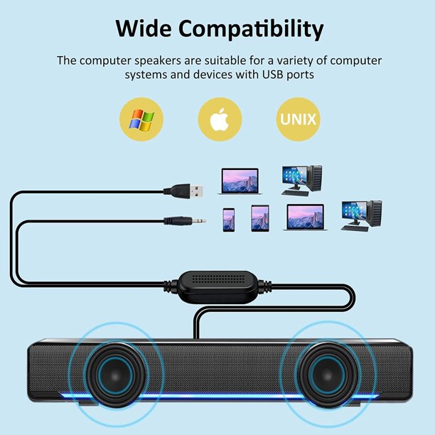 Computer Speakers, Wired Computer Soundbar Powered by USB, Small PC Speaker, Mini Sound Bar with HiFi-Quality Sound, Loud Volume, Rich Bass for Windows PCs, Desktop, Monitor, Laptops