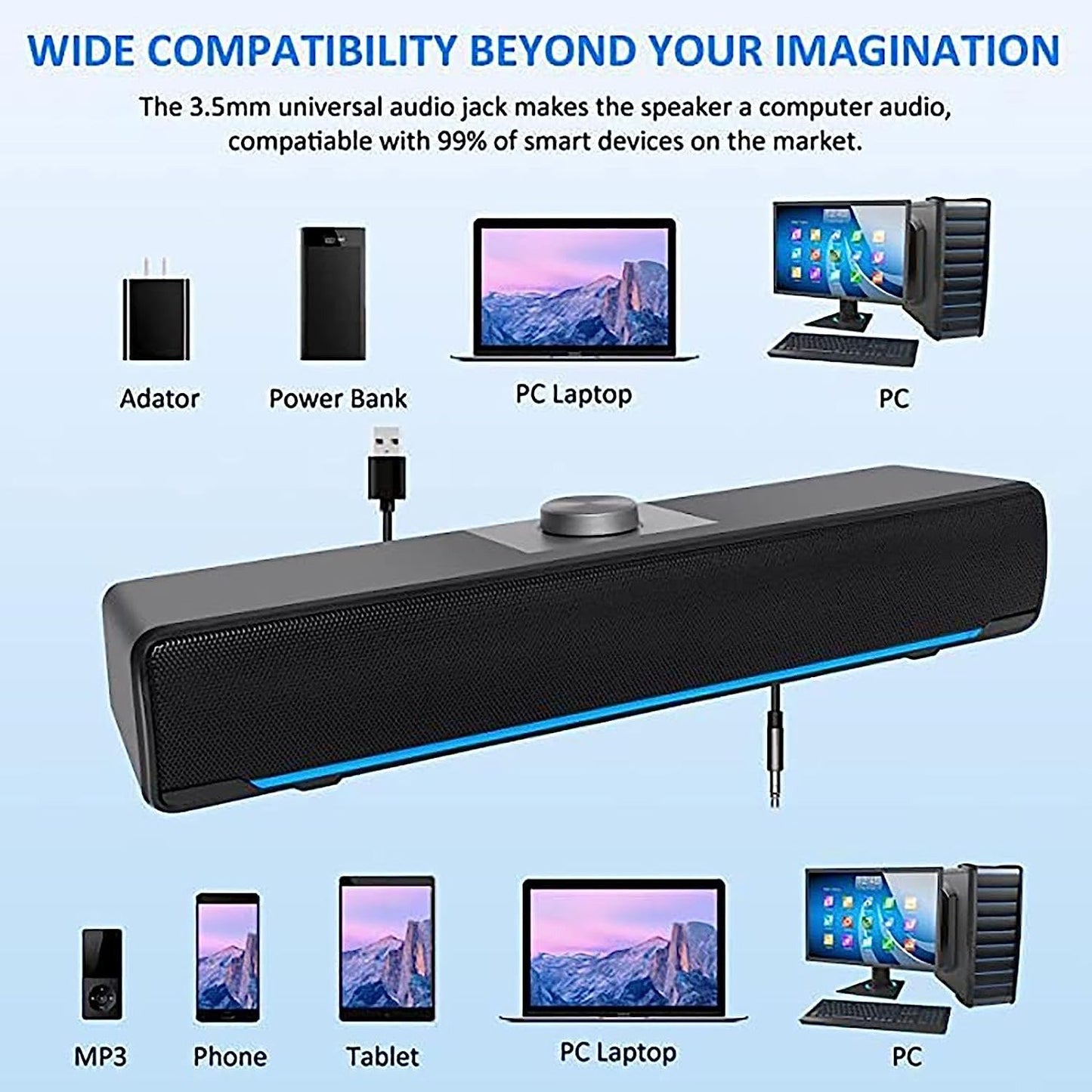 Computer Speakers, Phission 2.0 Stereo USB Powered Sound Bar Speakers with Blue LED Light and 3.5 mm Aux Connection for Computer Desktop Laptop PC Monitor