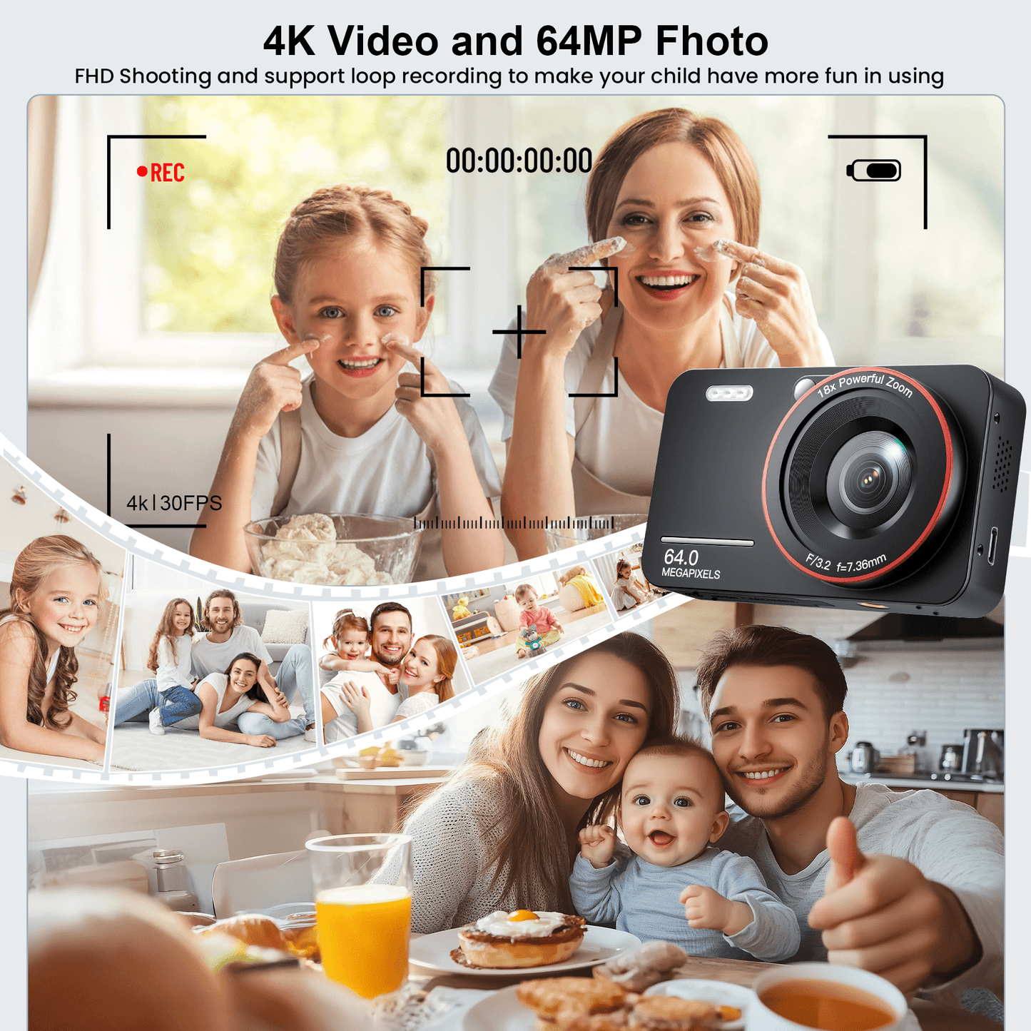 Losei 64MP 4K Digital Camera, 2.8" Screen 18X Digital Zoom Anti Shake Compact Retro Camera, Vlogging Camera for Kids Teens Seniors with 32GB Card(Black)