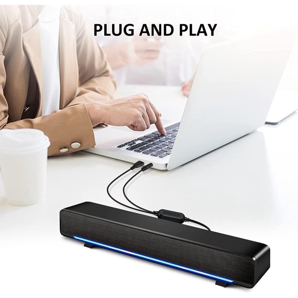 Computer Speakers, Wired Computer Soundbar Powered by USB, Small PC Speaker, Mini Sound Bar with HiFi-Quality Sound, Loud Volume, Rich Bass for Windows PCs, Desktop, Monitor, Laptops