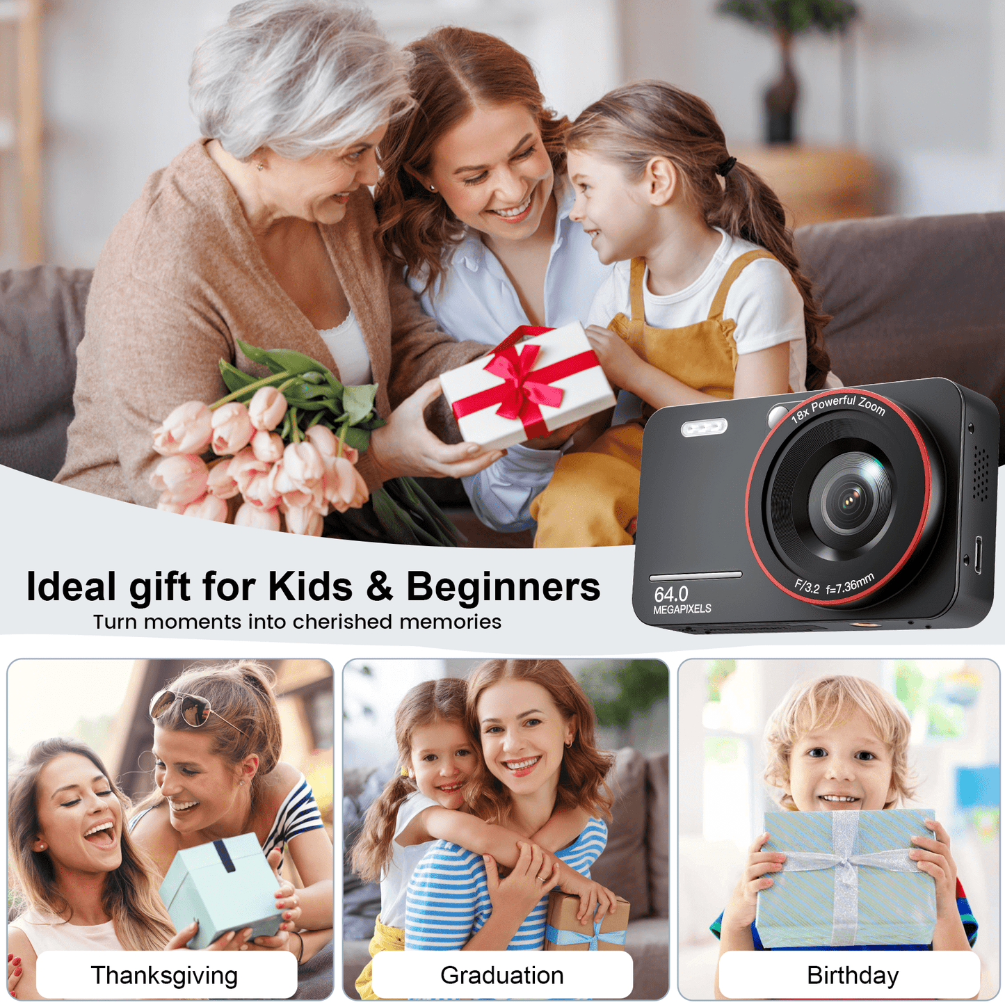 Losei 64MP 4K Digital Camera, 2.8" Screen 18X Digital Zoom Anti Shake Compact Retro Camera, Vlogging Camera for Kids Teens Seniors with 32GB Card(Black)