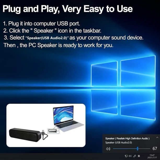 Updated Computer Speaker,USB Powered Speaker for Desktop,Windows PC,Mac. Portable Mini Sound bar-Plug and Play with Volume Control and Mute Button(USB-C to USB Adapter Included)