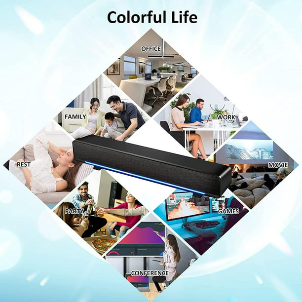 Computer Speakers, Wired Computer Soundbar Powered by USB, Small PC Speaker, Mini Sound Bar with HiFi-Quality Sound, Loud Volume, Rich Bass for Windows PCs, Desktop, Monitor, Laptops