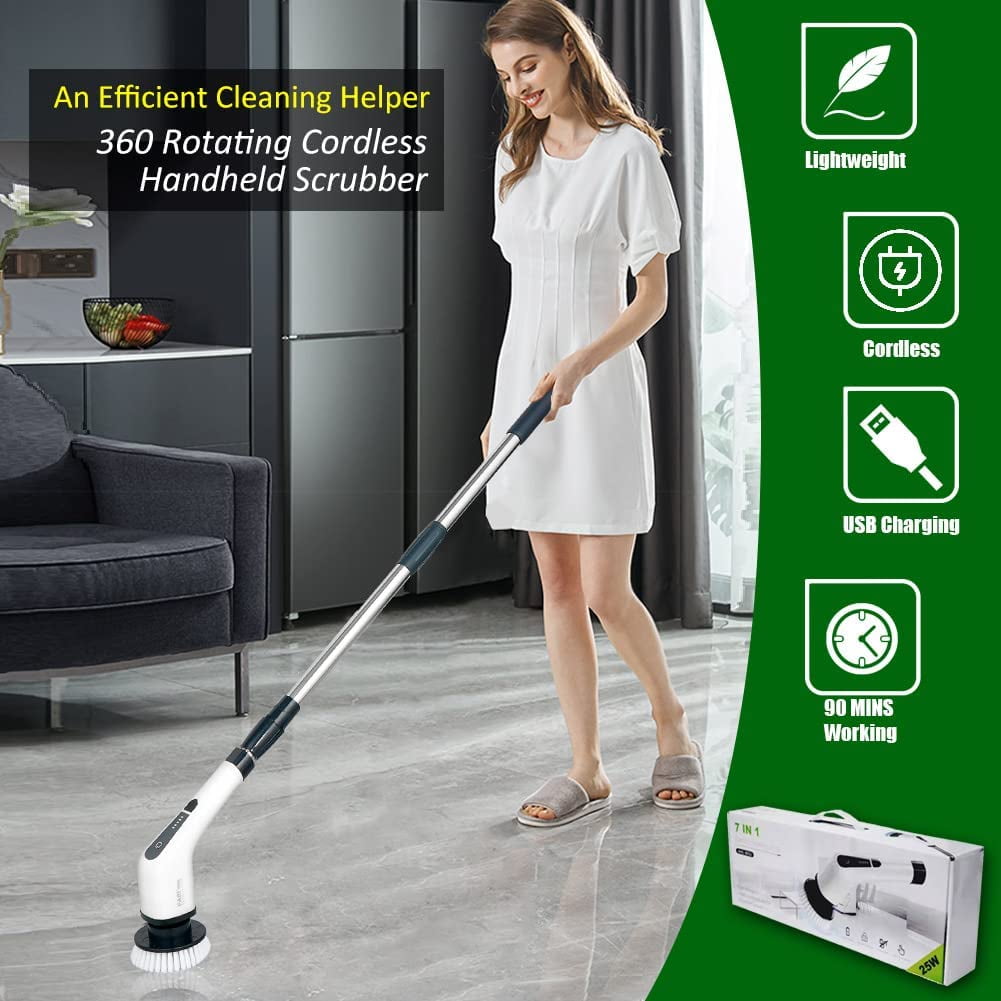 Electric Spin Scrubber, Cordless Bathroom Scrubber Cleaning Brush 2 Speed with Adjustable Handle & Brush Head Angle for Shower Bathroom Tub Tile