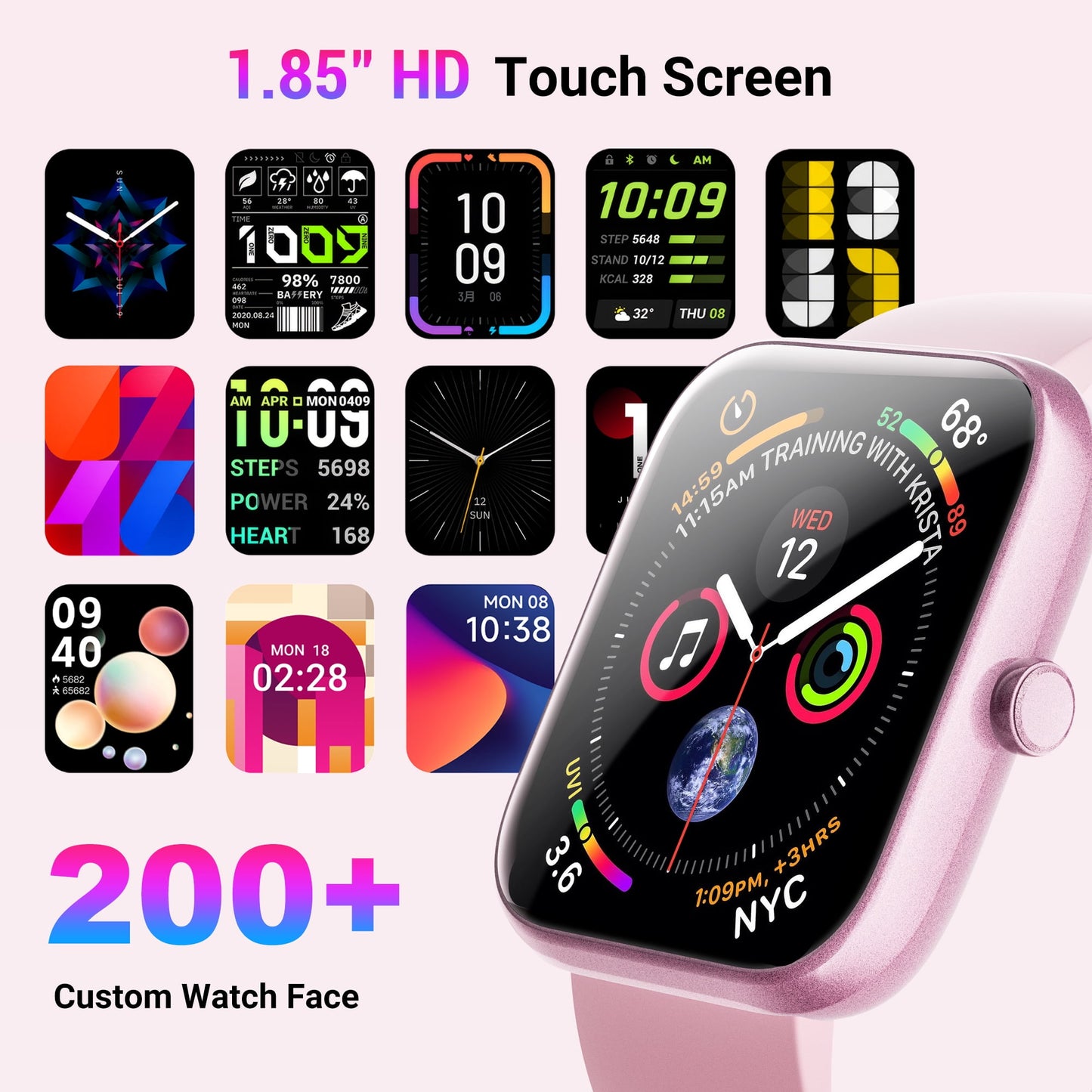 STA Smart Watch, 1.95"HD Smart Watch for Man Women,180 Sport Modes, Fitness Activity Tracker, IP68 Waterproof, Smart Watch for Android iOS （pink）
