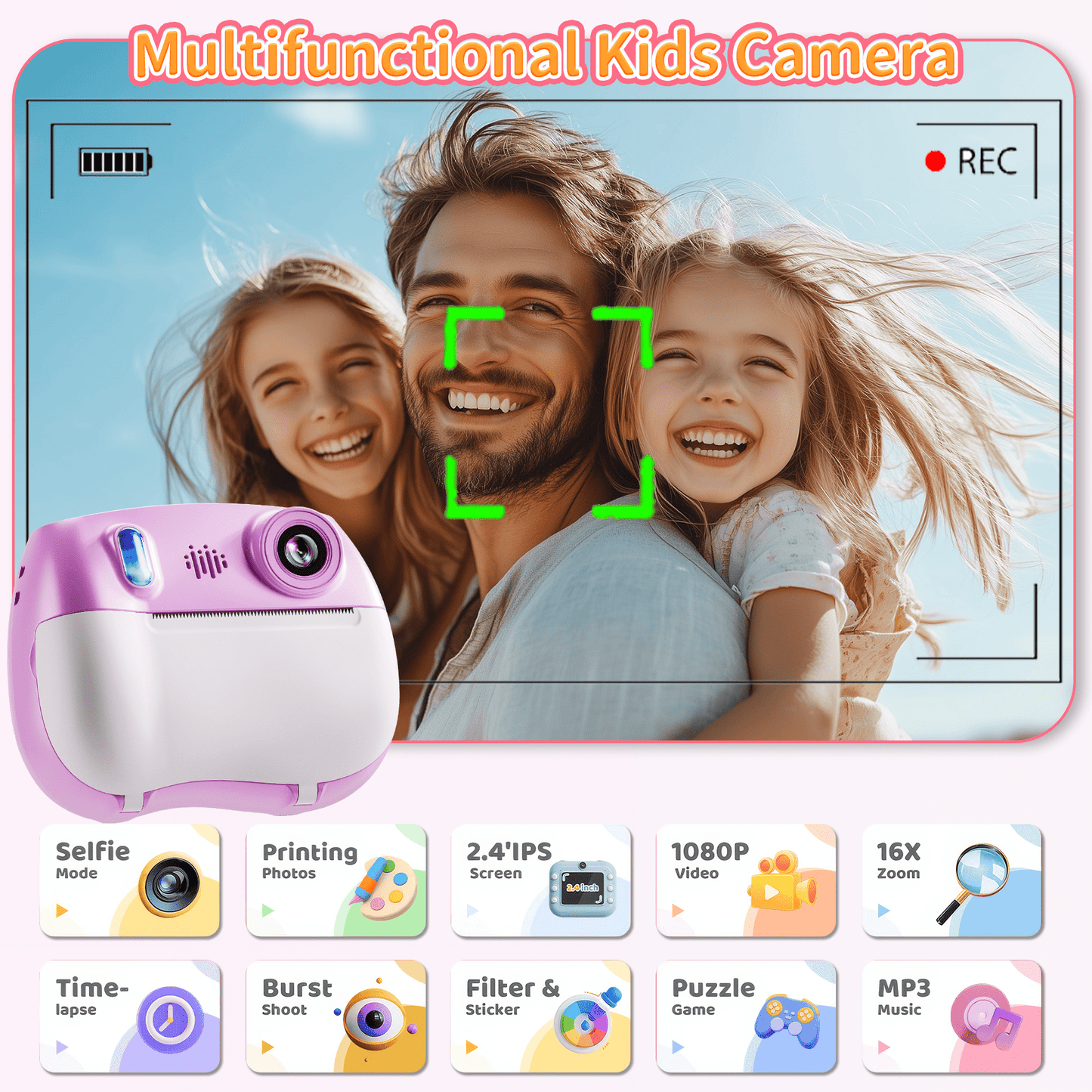 Losei Selfie Digital Camera for Kids with 1080P Video, Instant Print Camera with 2 Rolls Print Paper & 32G Card for DIY, Fun Gift for Girls Boys 3-12 Years Old (Pink)