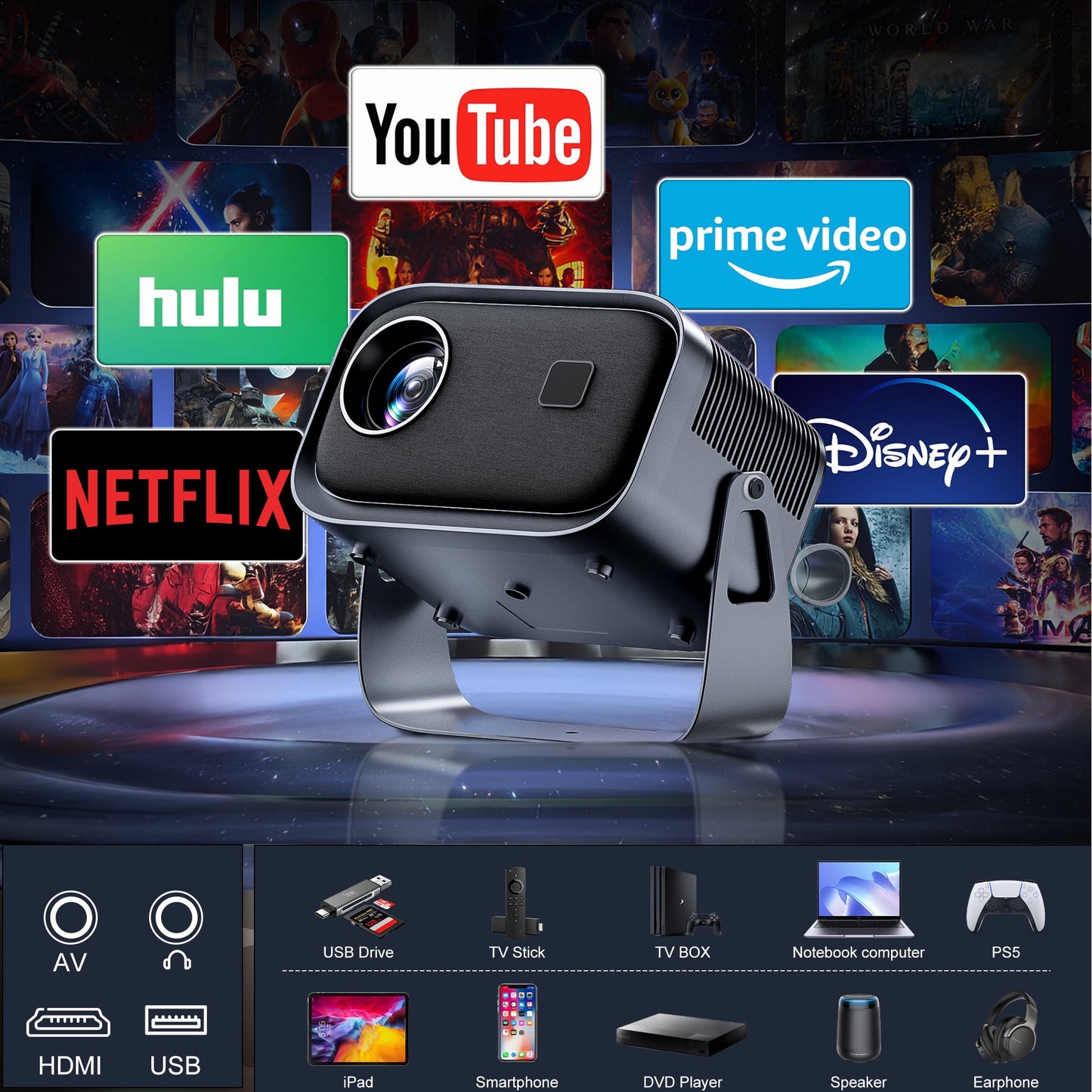 [Electric-Focus] Losei 5G/2.4G WiFi Bluetooth Projector,4K Support Native 1080P,300''Display Screen for Home Theater & Outdoor Movies Projector Compatible with iOS/Android