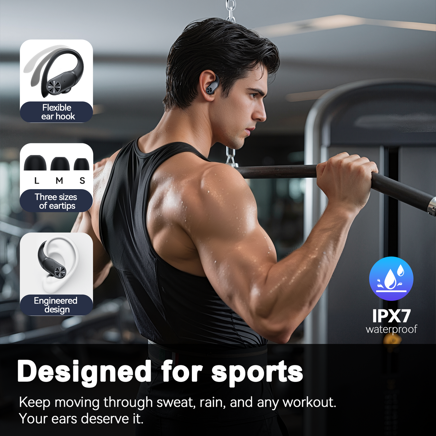 VEAT00L Wireless Earbuds, Bluetooth Headphones,Lightweight Earbuds with Ear Hooks,Bluetooth5.3 Wireless Earphones,88H Playtime, IPX7 Waterproof Running Headphones for Gym
