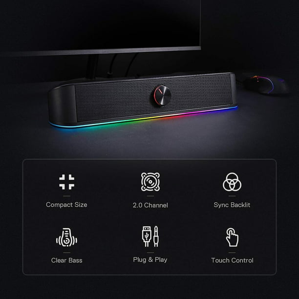 Occiam GS560 RGB Desktop Soundbar, 2.0 Channel Computer Speaker with Dynamic Lighting Bar Audio-Light Sync/Display, Touch-Control Backlit with Volume Knob, USB Powered w/ 3.5mm Cable