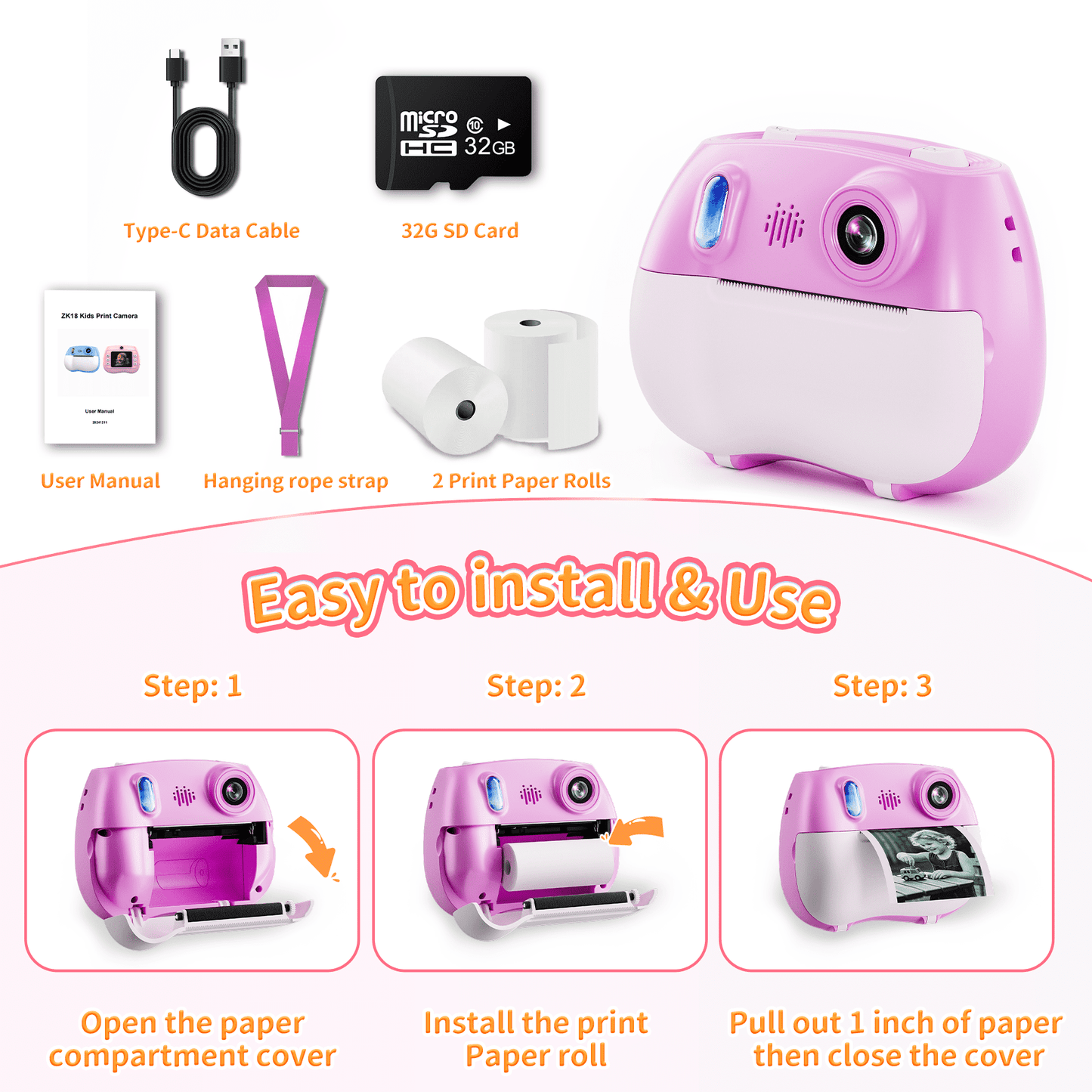 Losei Selfie Digital Camera for Kids with 1080P Video, Instant Print Camera with 2 Rolls Print Paper & 32G Card for DIY, Fun Gift for Girls Boys 3-12 Years Old (Pink)