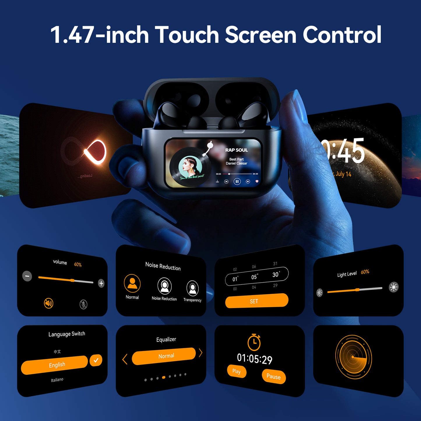 Wireless Bluetooth Touchscreen Earbuds,65H Bass Stereo Ear Buds with 6 EQ Modes,Multifunction LED Full Color Touchscreen Wireless Earphones with ENC Mic,ANC Noise Cancelling/Transparency Mode