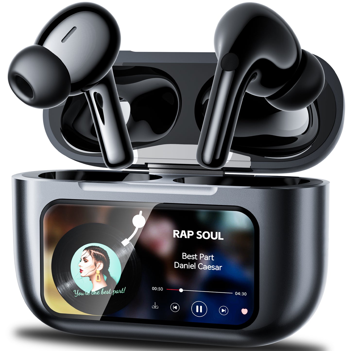 Wireless Bluetooth Touchscreen Earbuds,65H Bass Stereo Ear Buds with 6 EQ Modes,Multifunction LED Full Color Touchscreen Wireless Earphones with ENC Mic,ANC Noise Cancelling/Transparency Mode