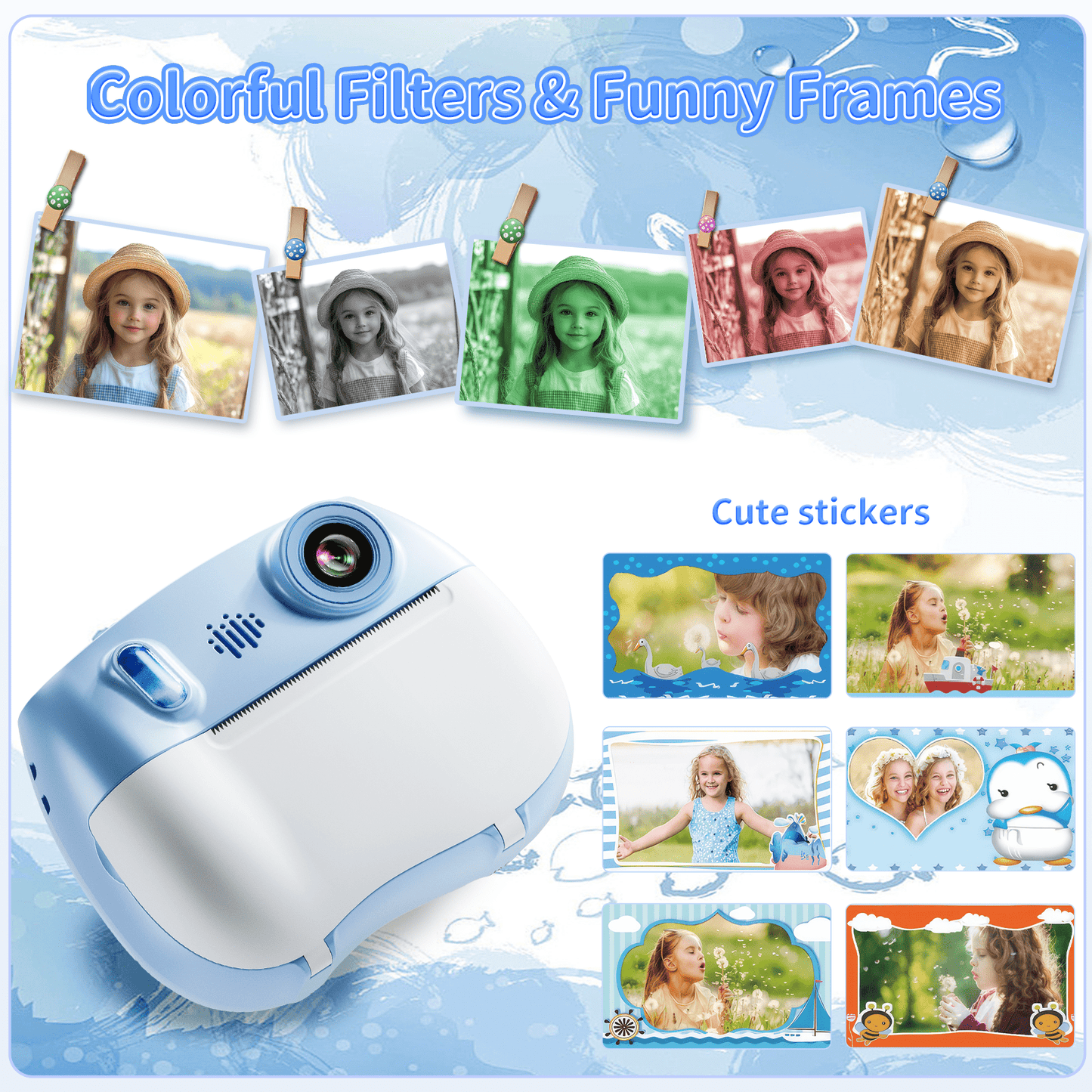 Losei Instant Camera, Front Rear Dual Selfie Kids Camera with 1080P HD Videos,2 Rolls Print Paper & 32G Card, Holiday Birthday Gifts for Kids Age 3-12（Blue）
