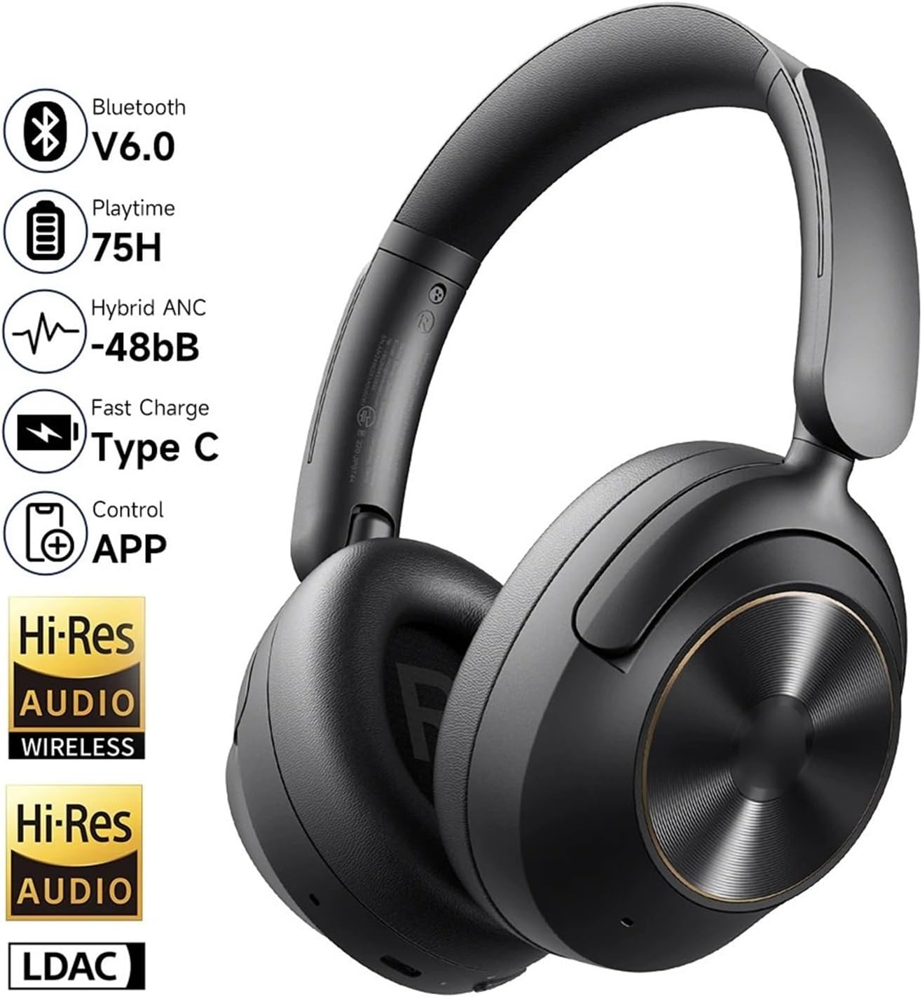 VEAT00L Wireless Bluetooth 6.0 Headphones, -48dB Hybrid Active Noise Cancelling Over Ear Headset, 75H Playback Hi-Fi Stereo, Foldable Lightweight Bluetooth Earphones for Travel/Home/Office (Black)