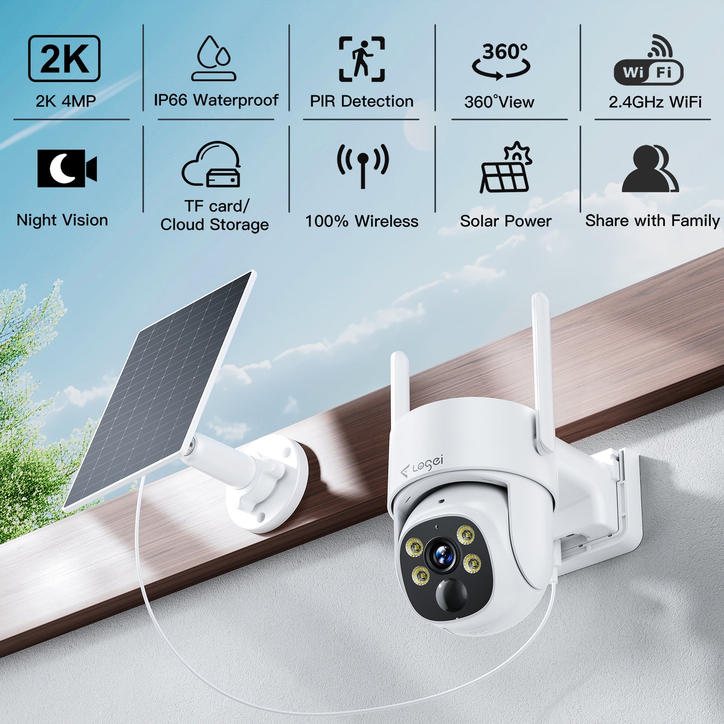 Losei 2K Solar Security Cameras Wireless Outdoor, 2.4Ghz WiFi Camera for Home Security with Spotlight, PIR Motion Detection,Siren, Color Night Vision, 2-Way Talk, IP66 Waterproof, Work with Alexa