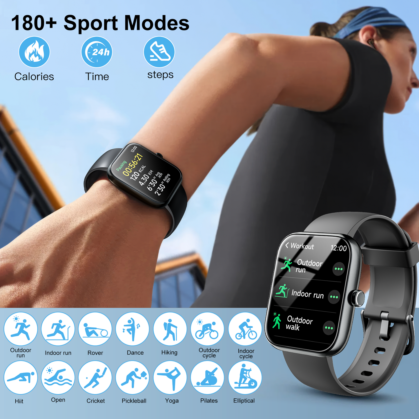 STA Smart Watch,IP68 Waterproof Smartwatch for Women Men 180+ Sports Modes,1.85-inch Fitness Tracker with Bluetooth Call(Answer/Make Calls) STA Smartwatch Compatible with Android and iPhone (Black）