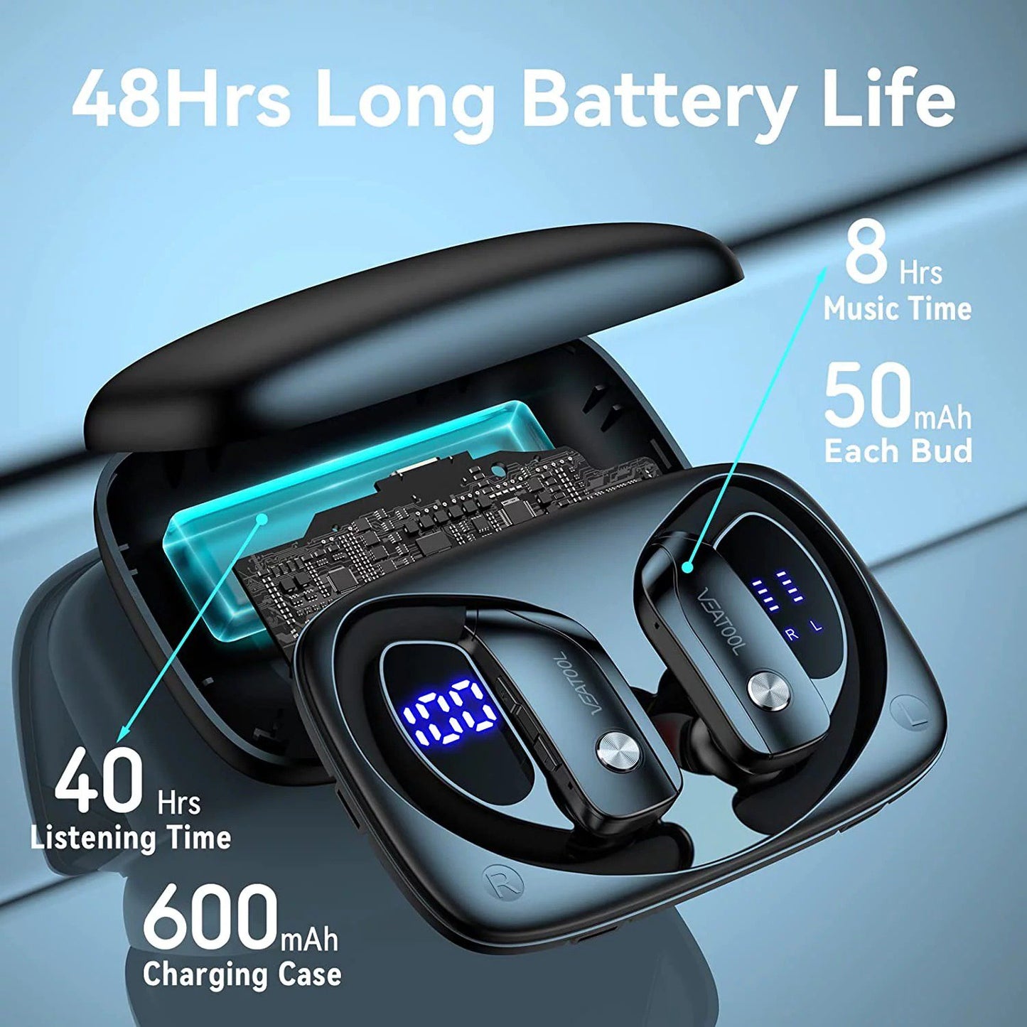 Wireless Earbuds Bluetooth Headphones 48hrs Play Back Sport Earphones with LED Display Over-Ear Buds with Earhooks Built-in Mic Headset for Workout