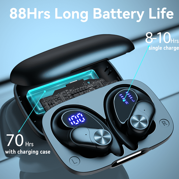 VEAT00L V6 Bluetooth Headphones Wireless Earbuds 88Hrs Playback Sport Ear Buds with Earhook Digital Display Charging Case IPX7 Waterproof Earbud Deep Bass Running Earphones for iOS Android Cellphone