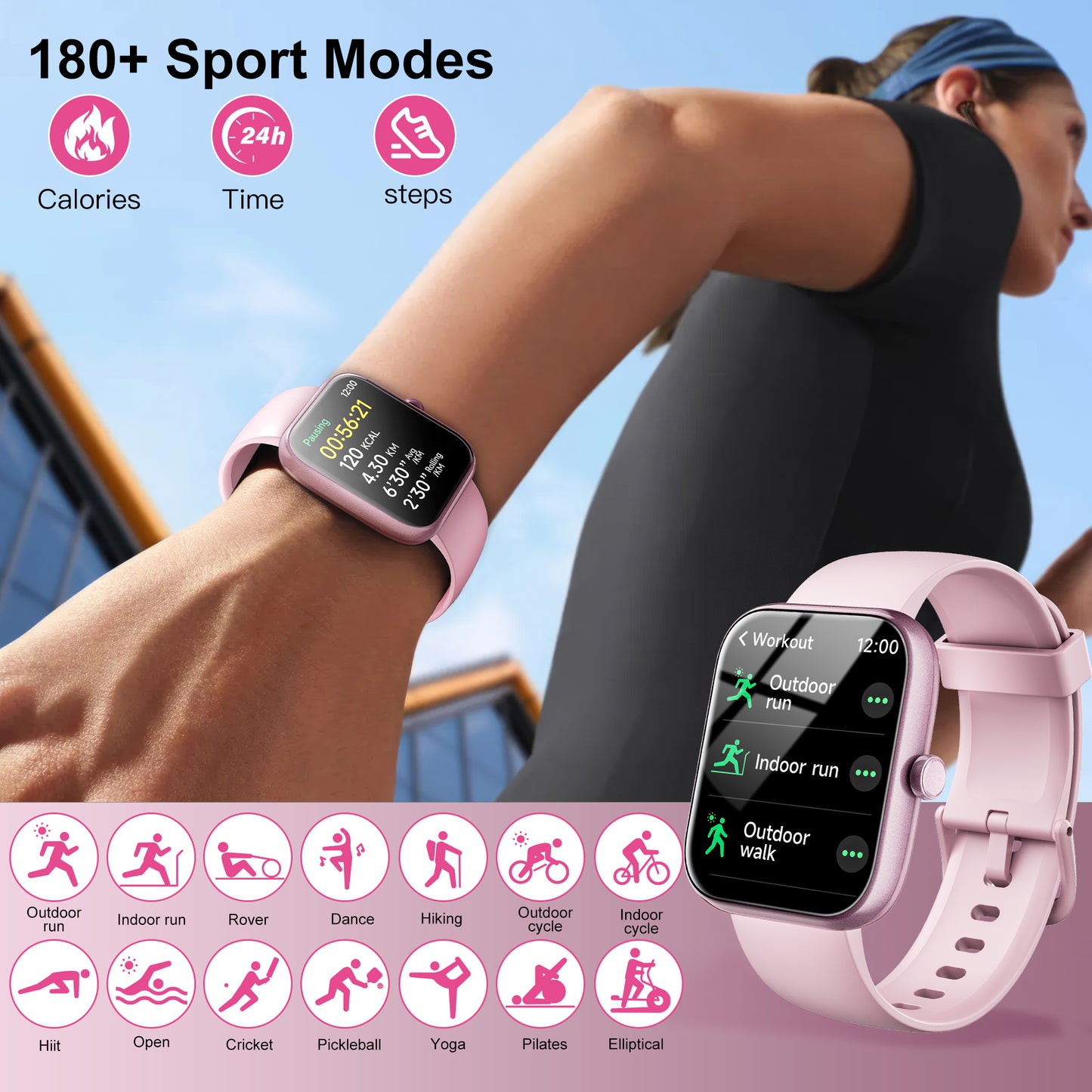 Smart Watch for Android and iPhone, IP68 Waterproof Smartwatch for Women Men 180+ Sports Modes 1.85-inch Fitness Tracker, Smart Watch with Bluetooth Call(Answer/Make Calls), for Gift Pink