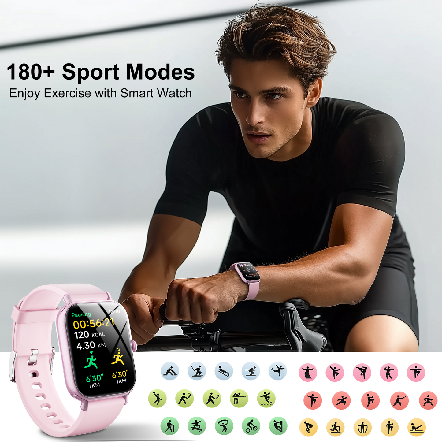 STA Smart Watch,IP68 Waterproof Smartwatch for Women Men 180+ Sports Modes,1.95-inch Fitness Tracker with Bluetooth Call(Answer/Make Calls) STA Smartwatch Compatible with Android and iPhone (Pink)