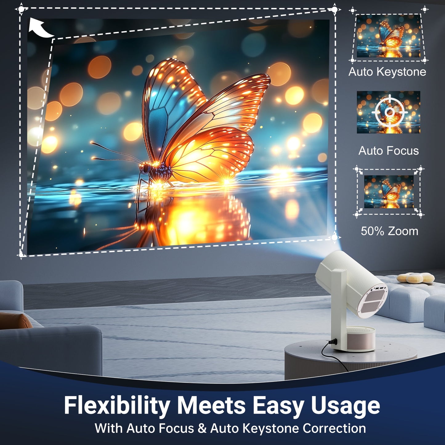 4K Projector with WiFi and Bluetooth, 3D Stereo Sound & Auto Keystone Video Projector, 600 ANSI Outdoor Movie Projector, 50% Zoom, MAX 220''Display