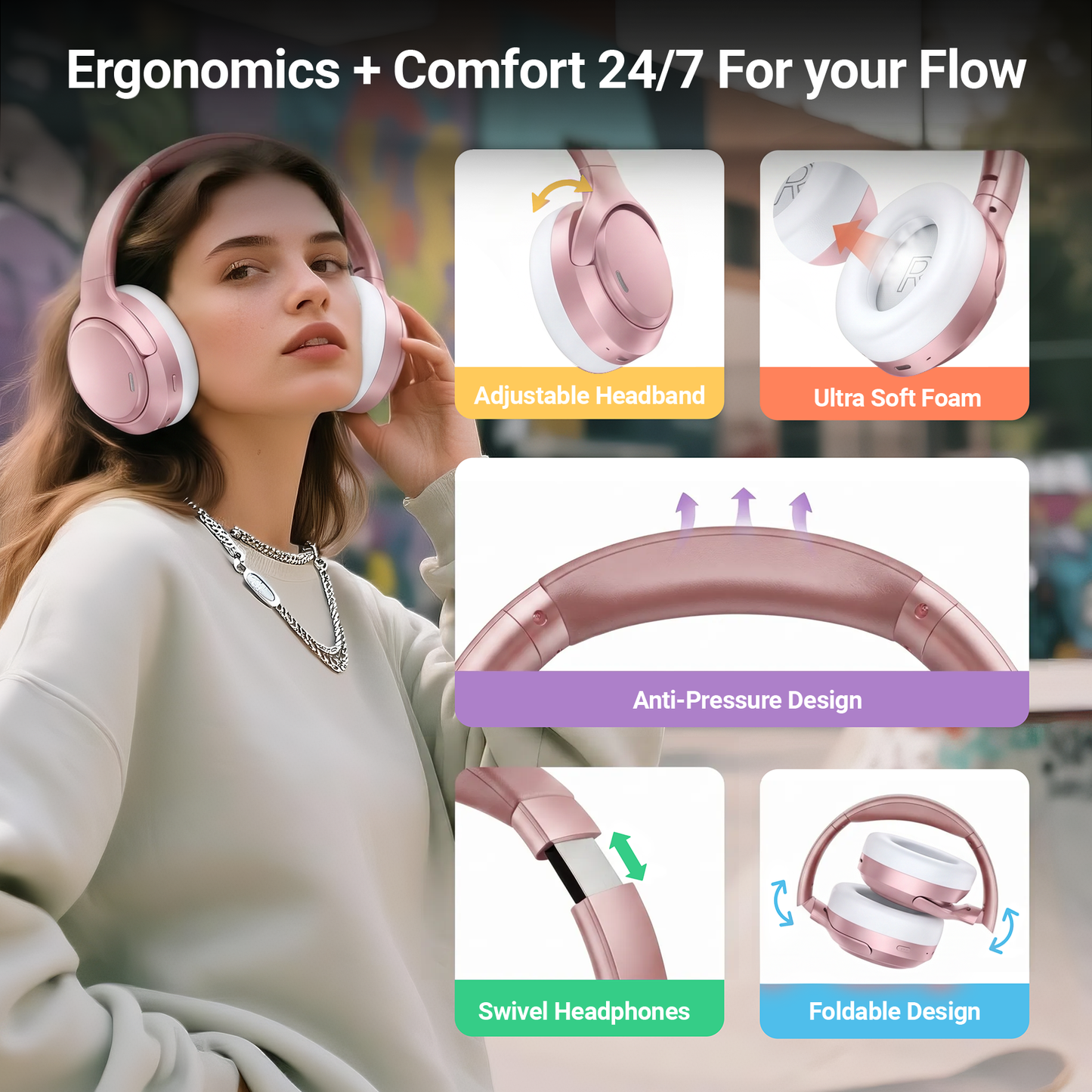 Hybrid Active Noise Cancelling Headphones,-50dB Wireless Bluetooth Headphones with Hi-Res Audio,120H Playtime Over Ear Bluetooth Headphones with 6 ENC Clear Mic,ANC Headphone for Travel Home Office