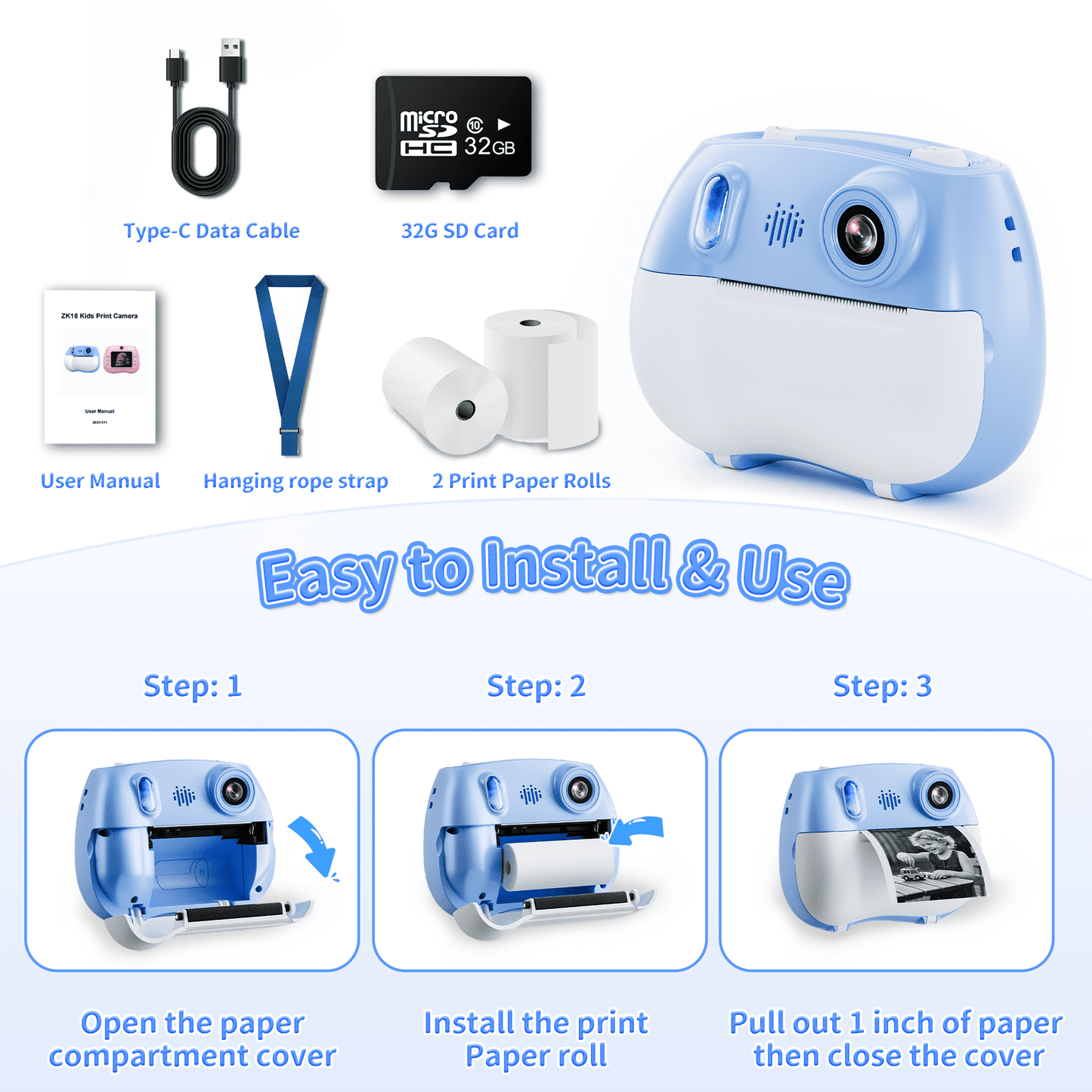 Losei Instant Camera, Front Rear Dual Selfie Kids Camera with 1080P HD Videos,2 Rolls Print Paper & 32G Card, Holiday Birthday Gifts for Kids Age 3-12（Blue）