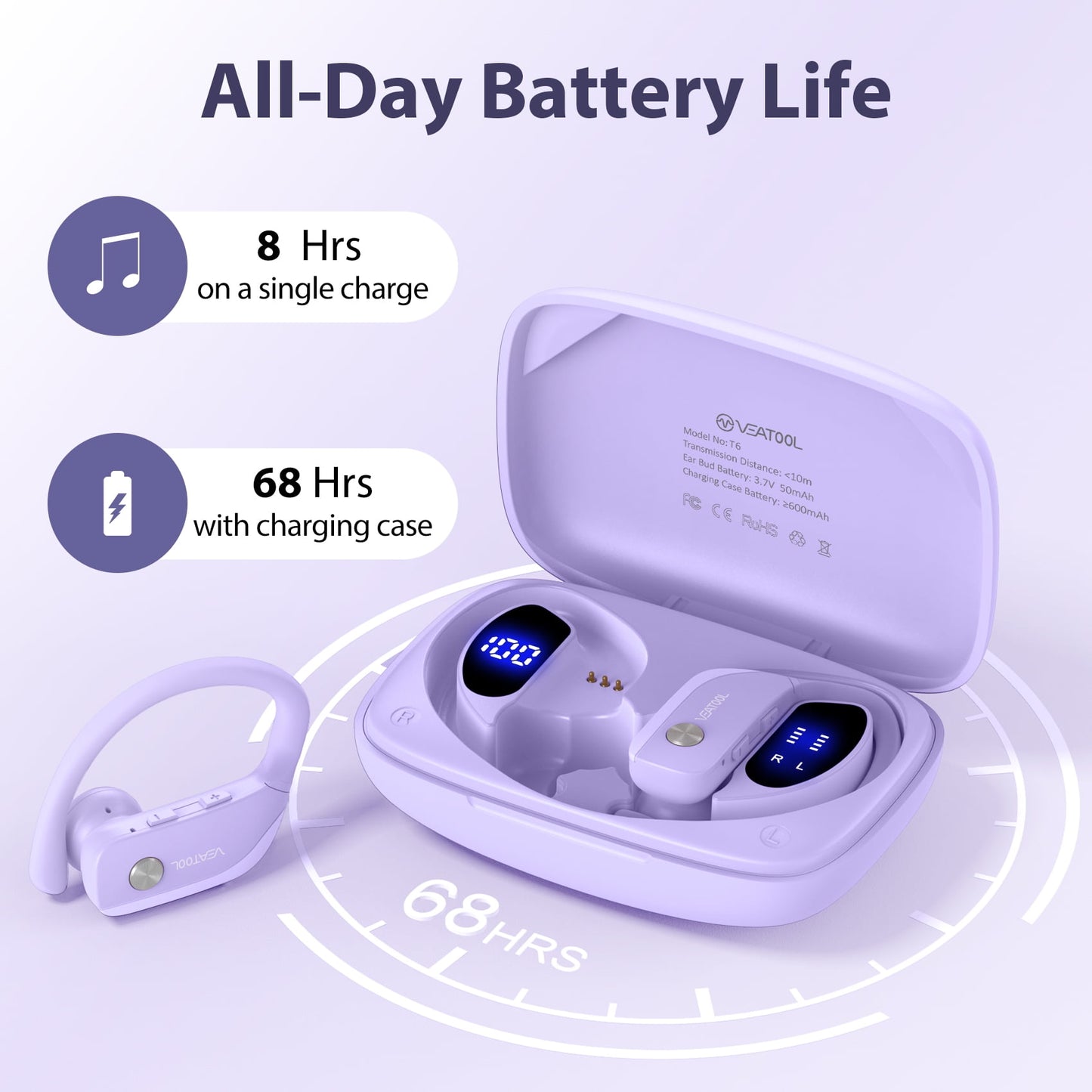 VEAT00L Wireless Earbuds Bluetooth Headphone Sport, Bluetooth 5.4 Earbud, 72Hrs Earphone with Earhook, Noise Cancelling Mic, IP7 Waterproof Headset for Workout/Running
