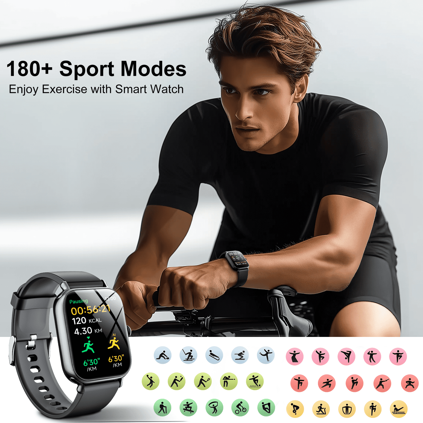 STA Smart Watch for Android and iPhone,1.95"Smartwatch for Men Women,Answer/Make Call,180+ Sports Modes Fitness Activity Tracker,IP68 Waterproof (Black)