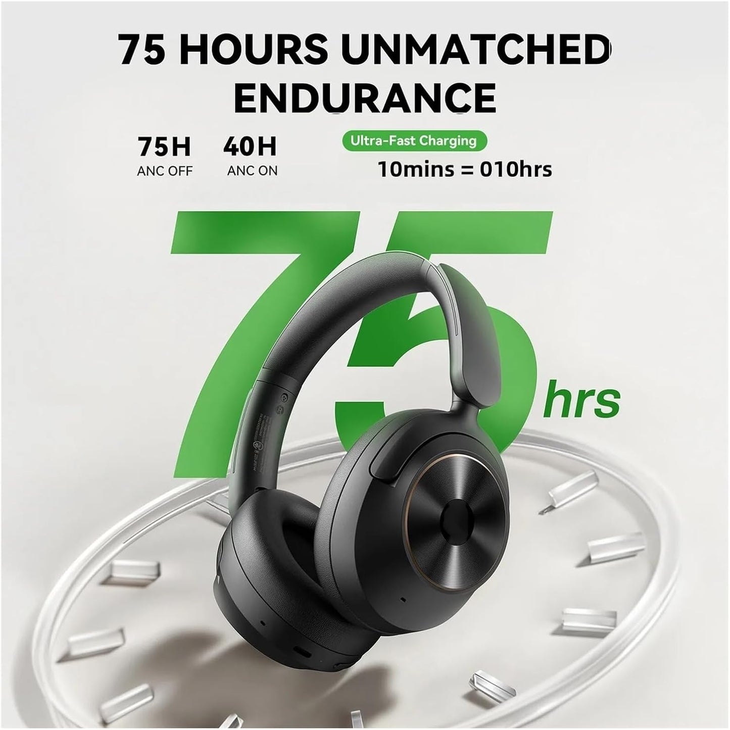 VEAT00L Wireless Bluetooth 6.0 Headphones, -48dB Hybrid Active Noise Cancelling Over Ear Headset, 75H Playback Hi-Fi Stereo, Foldable Lightweight Bluetooth Earphones for Travel/Home/Office (Black)