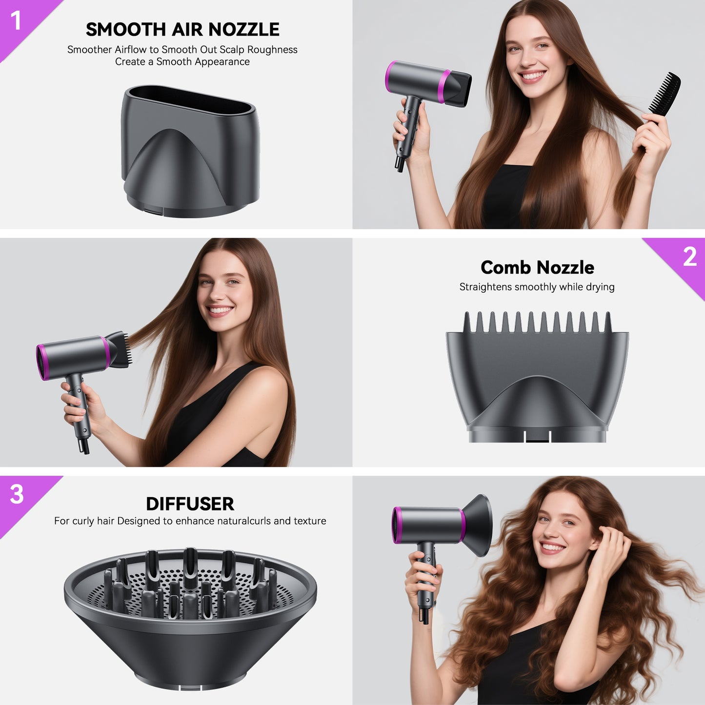 Professional Ionic Hair Dryer 2400 Watt Blow Dryer with Diffuser and Concentrator Nozzles Foldable and Portable Travel Hairdryers 57°Constent Temperature for Home Use and Travel Pink