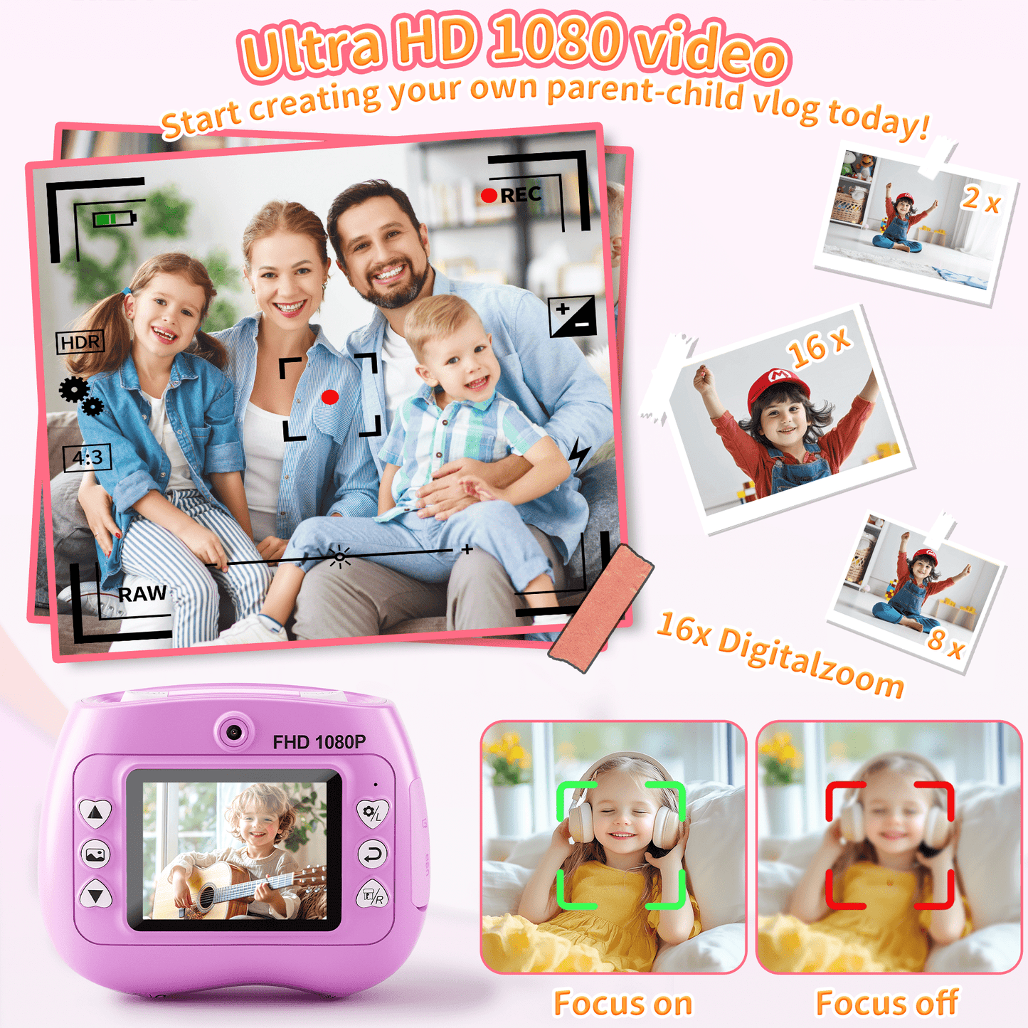 Losei Selfie Digital Camera for Kids with 1080P Video, Instant Print Camera with 2 Rolls Print Paper & 32G Card for DIY, Fun Gift for Girls Boys 3-12 Years Old (Pink)