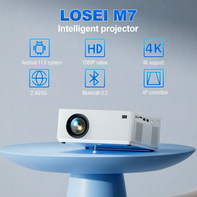 Losei 5G/2.4G WiFi Bluetooth Projector, 16000Lux 4K Support Movie Projector with HiFi Speaker 4P Keystone Correction 300"Display Compatible with TV Stick,Phone,HDMI/USB/TF/AV/AUX