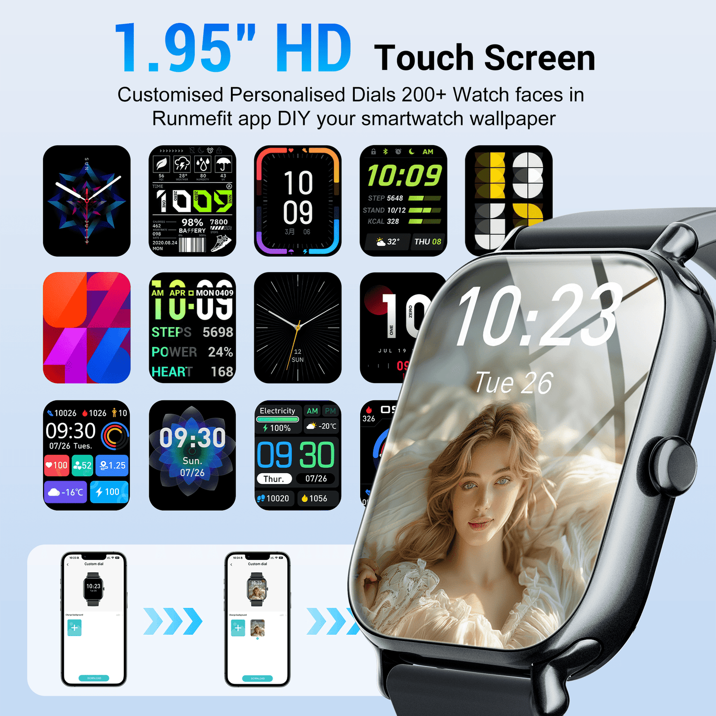 STA Smart Watch for Android and iPhone,1.95"Smartwatch for Men Women,Answer/Make Call,180+ Sports Modes Fitness Activity Tracker,IP68 Waterproof (Black)