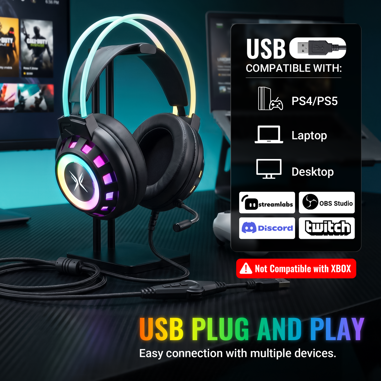 VEATOOL G3 USB Gaming Headset for PC, Computer Headphones with Microphone/Mic Noise Cancelling, 7.1 Surround Sound, RGB Light - Wired Headphones for PS4, PS5 Console, Laptop