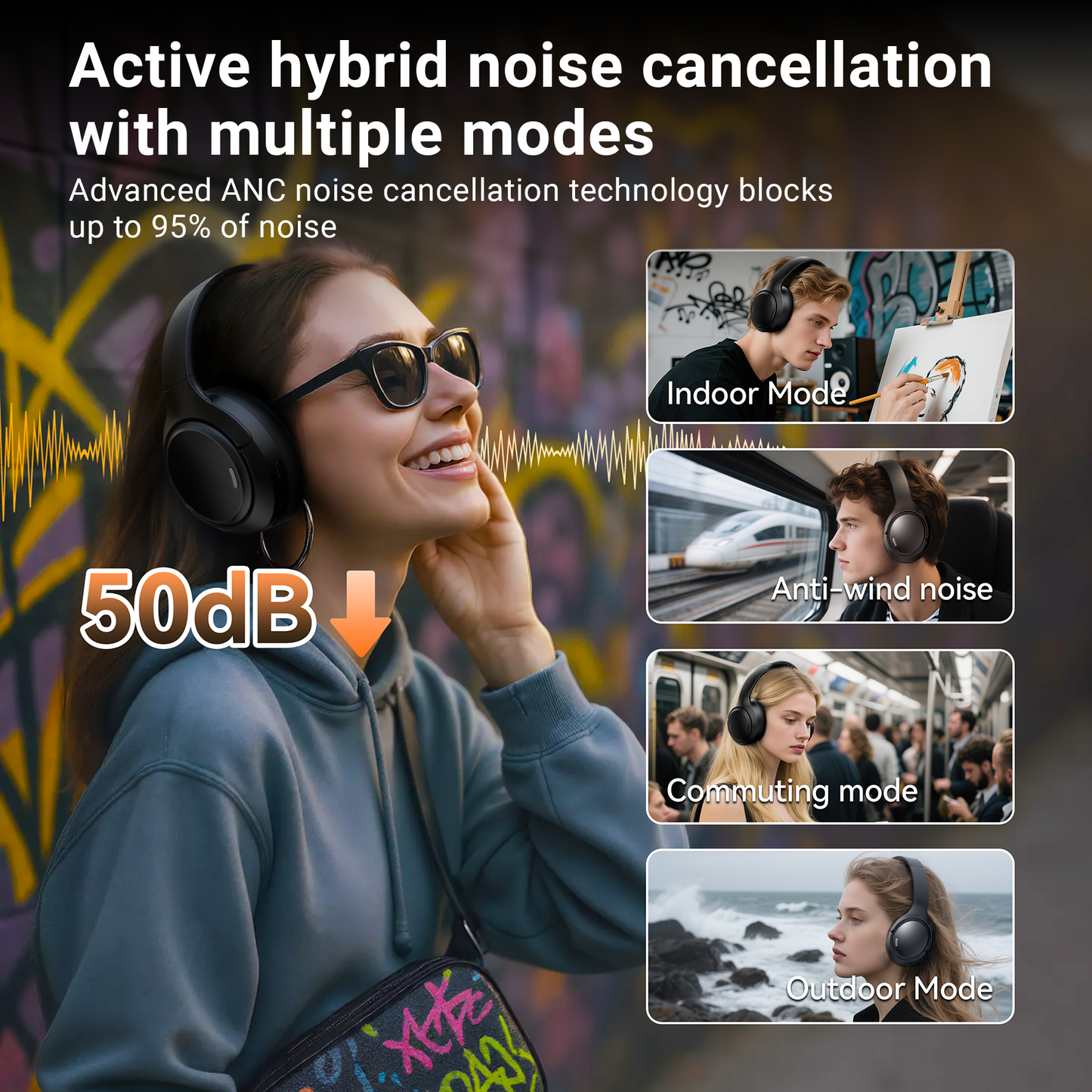 Hybrid Active Noise Cancelling Headphones Wireless Bluetooth Over Ear - 50dB ANC, 120H Playback, 6-MIC ENC Clear Calls, Hi-Res 360° Spatial Audio, Foldable Comfort for Travel Office