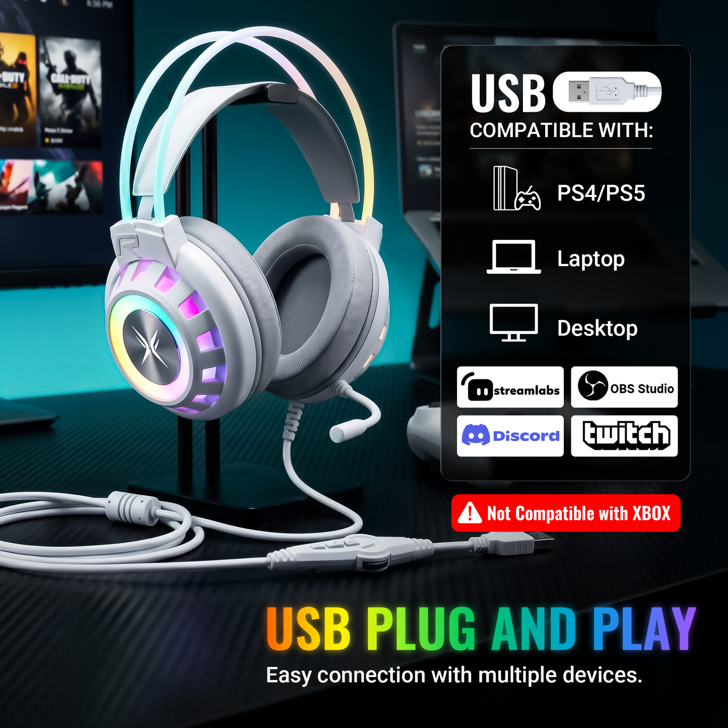 VEATOOL G3 USB Gaming Headset for PC, Computer Headphones with Microphone/Mic Noise Cancelling, 7.1 Surround Sound, RGB Light - Wired Headphones for PS4, PS5 Console, Laptop