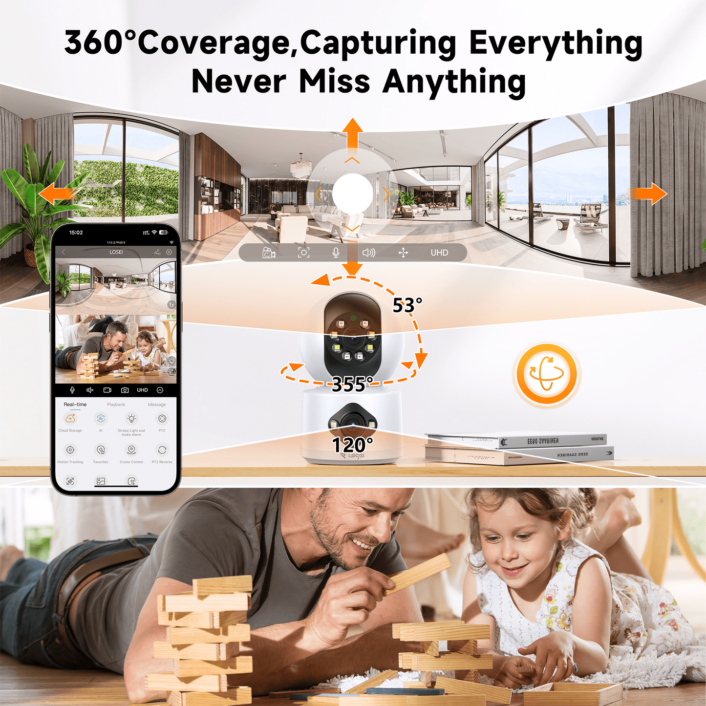 Losei 2.5K Indoor Security Camera,Dual Lens 360° Cameras for Home Security Indoor with Motion Detection Alert, Pet Camera with 2 Way Audio, Baby Monitor-Night Vision