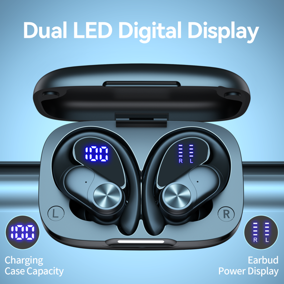 VEAT00L V6 Bluetooth Headphones Wireless Earbuds 88Hrs Playback Sport Ear Buds with Earhook Digital Display Charging Case IPX7 Waterproof Earbud Deep Bass Running Earphones for iOS Android Cellphone