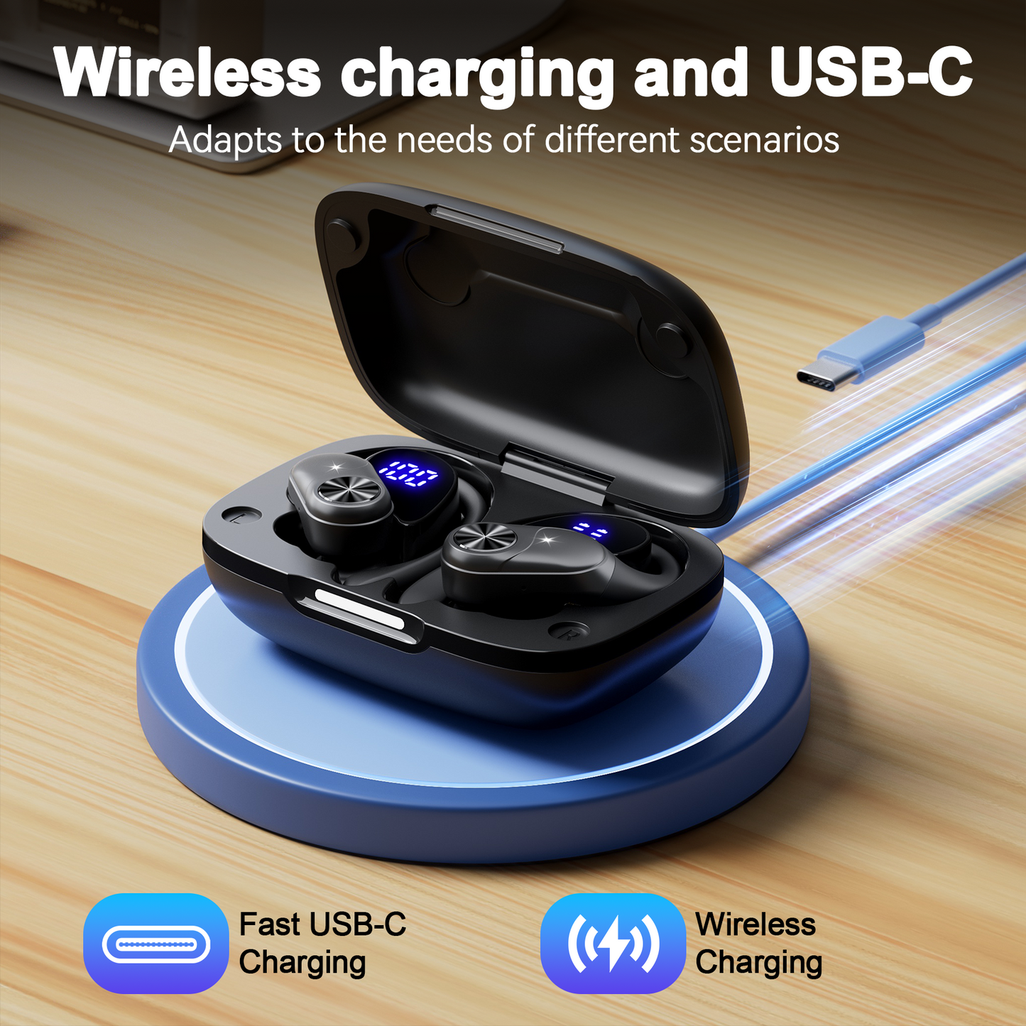 VEAT00L Wireless Earbuds, Bluetooth Headphones,Lightweight Earbuds with Ear Hooks,Bluetooth5.3 Wireless Earphones,88H Playtime, IPX7 Waterproof Running Headphones for Gym