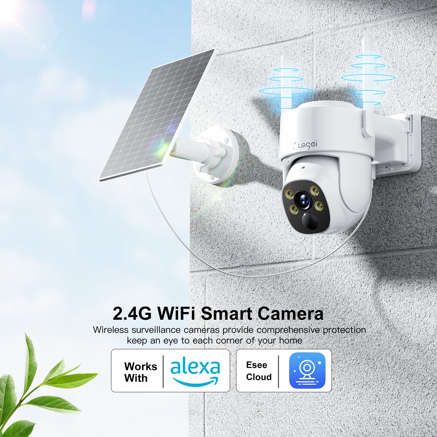 Losei 2K Solar Security Cameras Wireless Outdoor, 2.4Ghz WiFi Camera for Home Security with Spotlight, PIR Motion Detection,Siren, Color Night Vision, 2-Way Talk, IP66 Waterproof, Work with Alexa