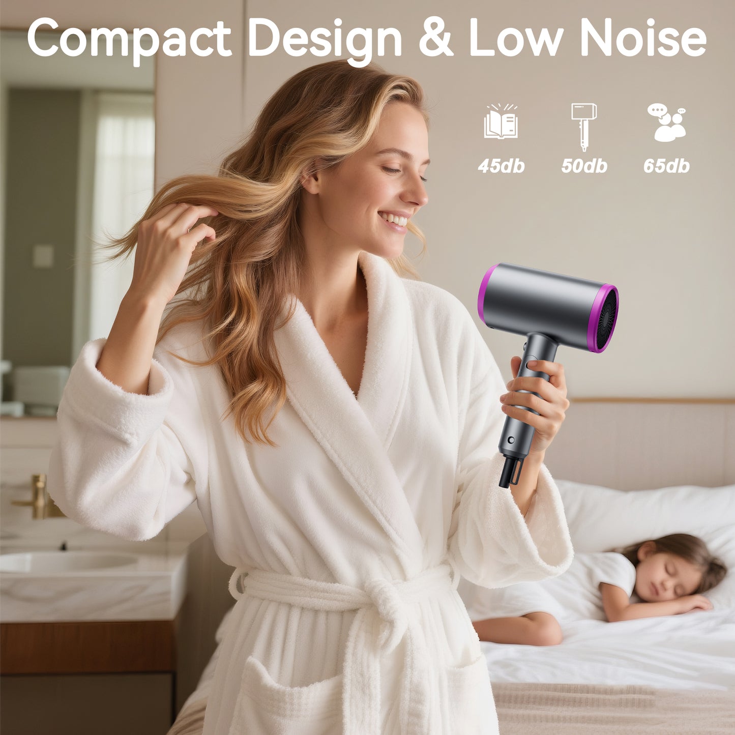 Professional Ionic Hair Dryer 2400 Watt Blow Dryer with Diffuser and Concentrator Nozzles Foldable and Portable Travel Hairdryers 57°Constent Temperature for Home Use and Travel Pink