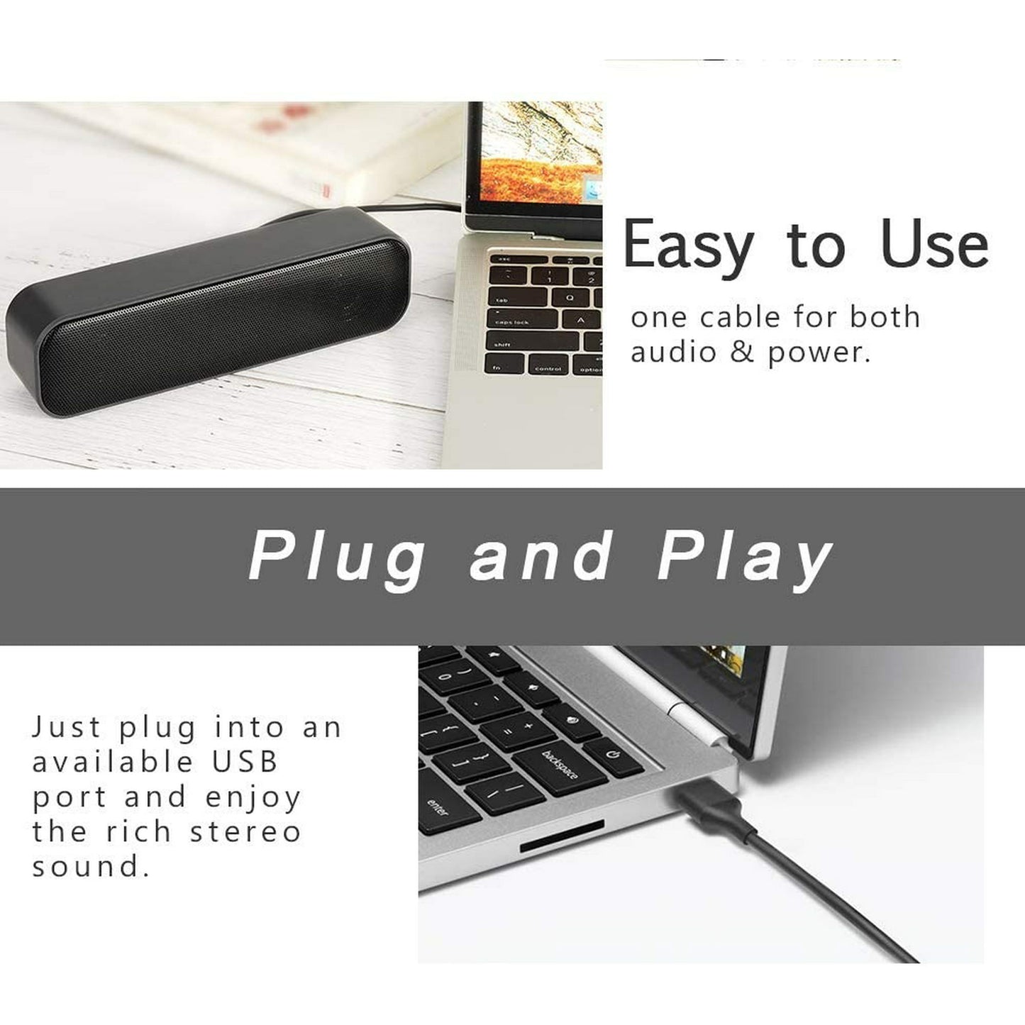 USB Computer Speaker,USB Powered Mini Soundbar Speaker,Laptop Stereo Speakers with Space Saving Design for Computer Laptop Desktop PC Dorm Offce Desk Restaurant