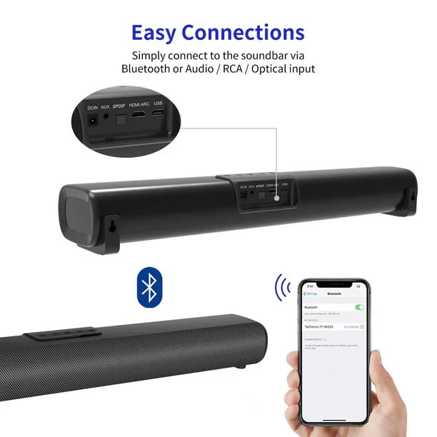 2.1ch Sound Bars for TV, Soundbar with Subwoofer, Wired & Wireless Bluetooth 5.0 3D Surround Speakers, Optical/HDMI/AUX/RCA/USB Connection, Wall Mountable, Remote Control