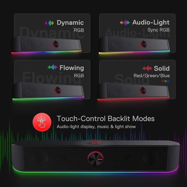 Occiam GS560 RGB Desktop Soundbar, 2.0 Channel Computer Speaker with Dynamic Lighting Bar Audio-Light Sync/Display, Touch-Control Backlit with Volume Knob, USB Powered w/ 3.5mm Cable
