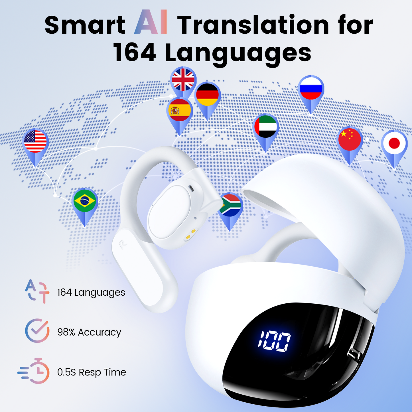 AI Translation Earbuds Real Time, 164 Language Translator Earbuds 4-in-1 Translation Headphones, Audifonos Traductores Inglés Español Open Ear Headphones with Audio and Video Calls, For Business
